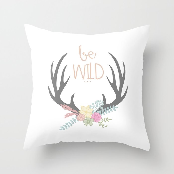 Be Brave Deer Antler Floral Wreath Throw Pillow