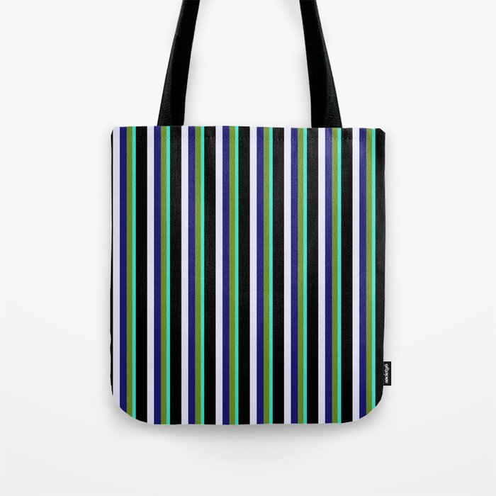 Eye-catching Turquoise, Green, Midnight Blue, Lavender, and Black Colored Striped Pattern Tote Bag