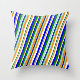 [ Thumbnail: Eye-catching Light Blue, Dark Orange, White, Blue & Green Colored Lined/Striped Pattern Throw Pillow ]
