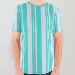 [ Thumbnail: Turquoise and Lavender Colored Stripes/Lines Pattern All Over Graphic Tee ]