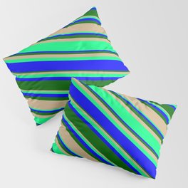 [ Thumbnail: Tan, Green, Blue, and Dark Green Colored Lines/Stripes Pattern Pillow Sham ]