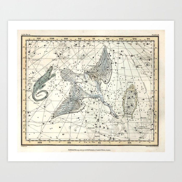 Constellations Lacerta, Cygnus, Lyra Celestial Atlas Plate 11 - Alexander Jamieson Art Print