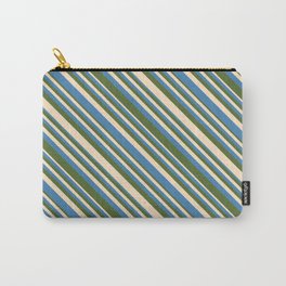 [ Thumbnail: Bisque, Blue, and Dark Olive Green Colored Lines/Stripes Pattern Carry-All Pouch ]