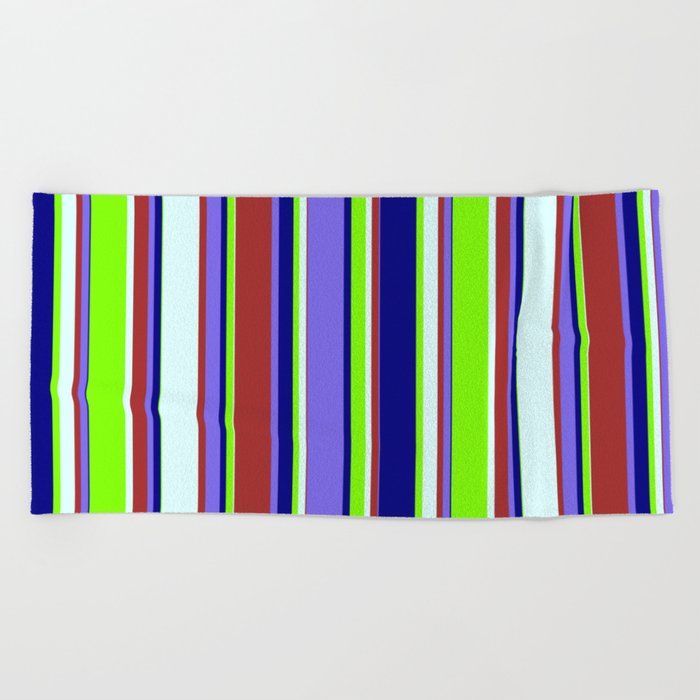 Colorful Brown, Medium Slate Blue, Blue, Chartreuse & Light Cyan Colored Striped/Lined Pattern Beach Towel