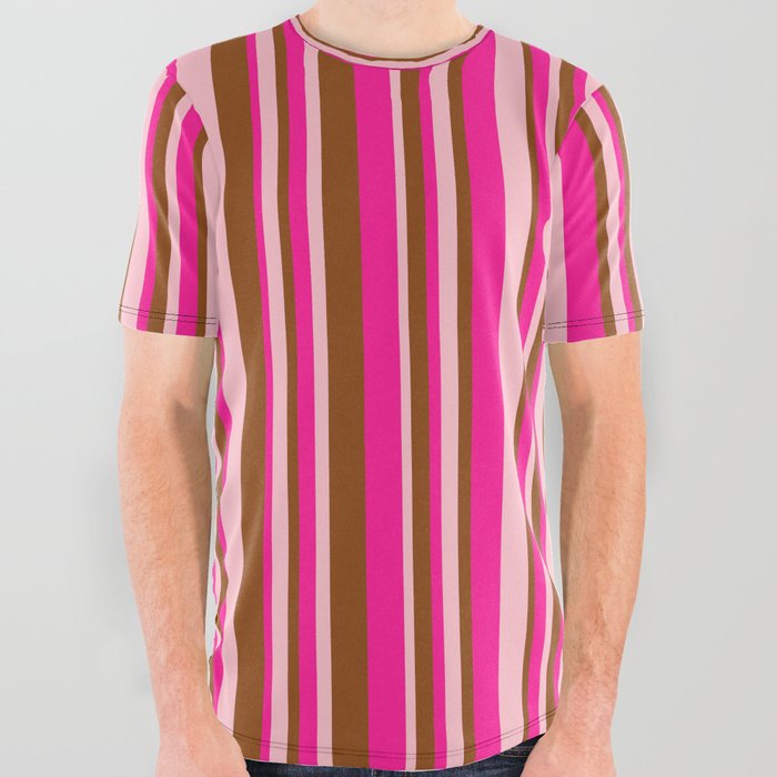 Deep Pink, Brown & Pink Colored Striped Pattern All Over Graphic Tee