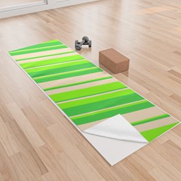 [ Thumbnail: Bisque, Chartreuse, and Lime Green Colored Striped Pattern Yoga Towel ]
