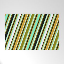 [ Thumbnail: Aquamarine, White, Green, Black, and Goldenrod Colored Pattern of Stripes Welcome Mat ]