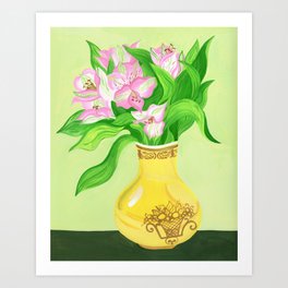 Pink and Green Flowers in Vase Art Print
