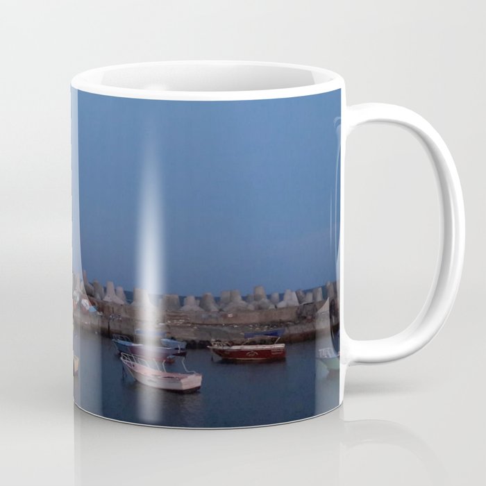 Sunrise at the sea shore - with small fishing boats Coffee Mug