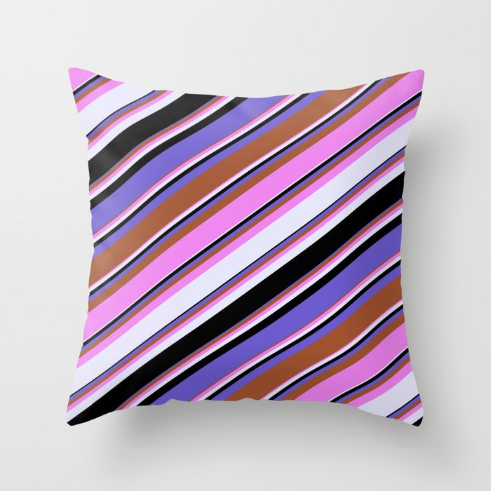 Vibrant Violet, Lavender, Black, Slate Blue, and Sienna Colored Lines/Stripes Pattern Throw Pillow