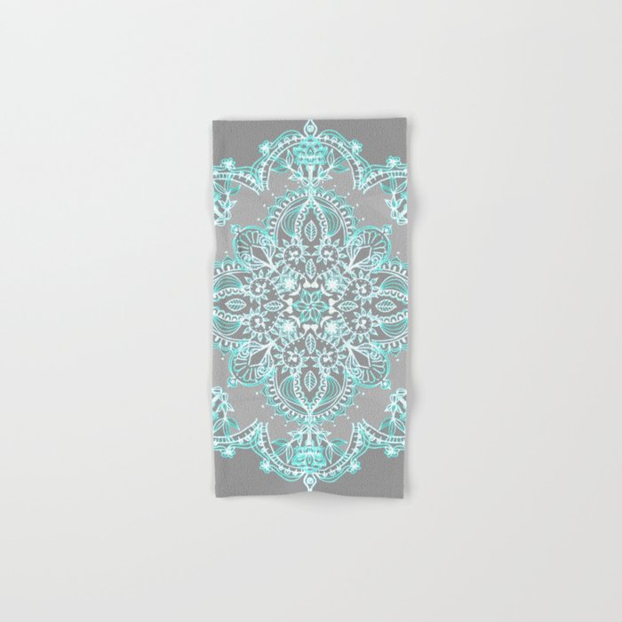 Teal and Aqua Lace Mandala on Grey Hand & Bath Towel