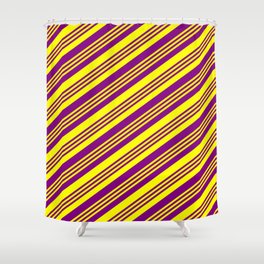 [ Thumbnail: Purple and Yellow Colored Lined Pattern Shower Curtain ]