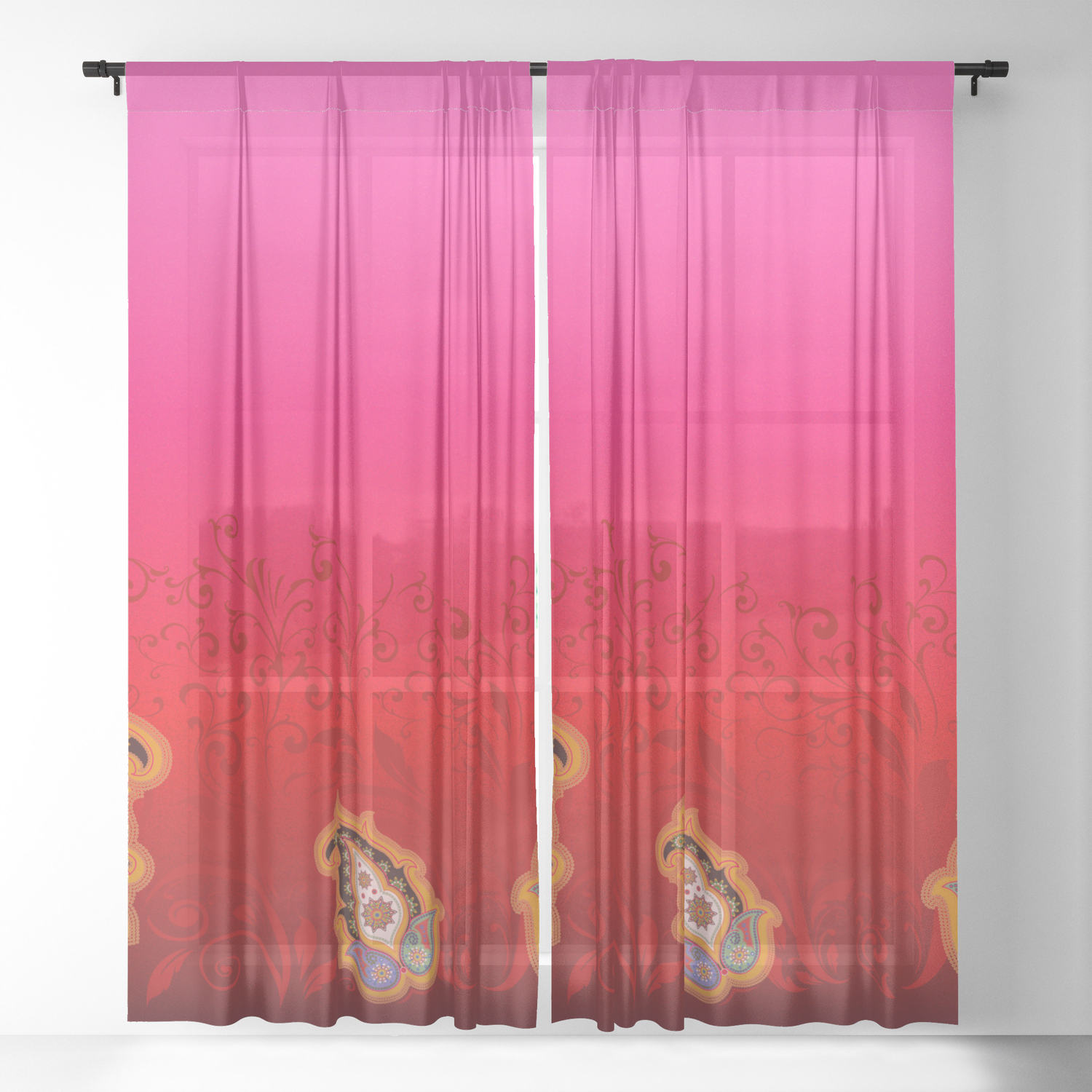 Red Jewel Paisley Border Sheer Curtain By Designlunatic Society6