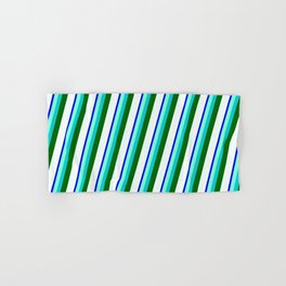 [ Thumbnail: Blue, Aquamarine, Dark Turquoise, Dark Green & Mint Cream Colored Stripes/Lines Pattern Hand & Bath Towel ]
