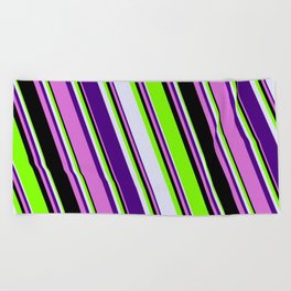 [ Thumbnail: Chartreuse, Lavender, Indigo, Orchid & Black Colored Striped/Lined Pattern Beach Towel ]