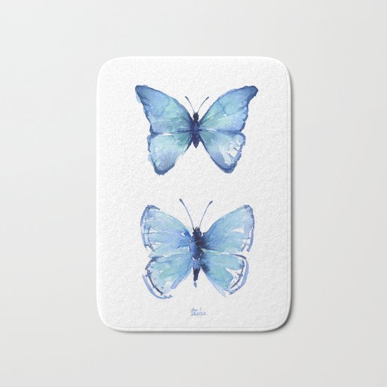Two Blue Butterflies Watercolor Animals Insects Bath Mat