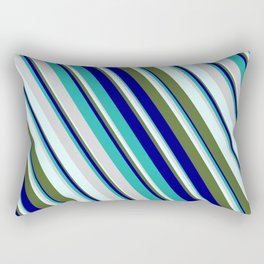 [ Thumbnail: Blue, Light Sea Green, Light Gray, Light Cyan & Dark Olive Green Colored Pattern of Stripes Rectangular Pillow ]