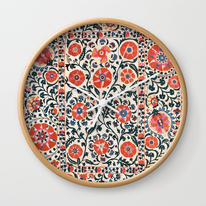 Shakhrisyabz Suzani  Uzbekistan Antique Floral Embroidery Print Wall Clock