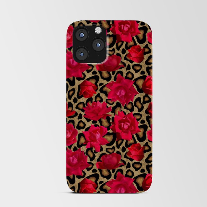 Leopard print with red roses iPhone Card Case