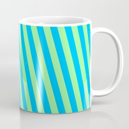 [ Thumbnail: Deep Sky Blue and Green Colored Striped/Lined Pattern Coffee Mug ]