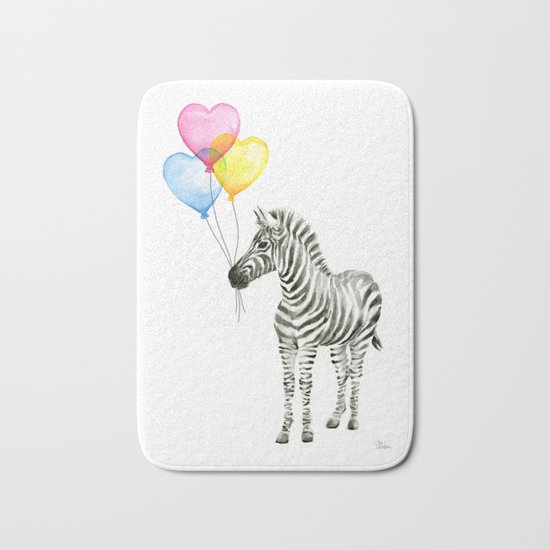 Zebra Watercolor With Heart Shaped Balloons Whimsical Baby Animals Bath Mat