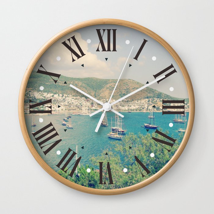 Retro aqua blue sea bay in Bodrum view with sailing boats from St.Peter's Castle Wall Clock