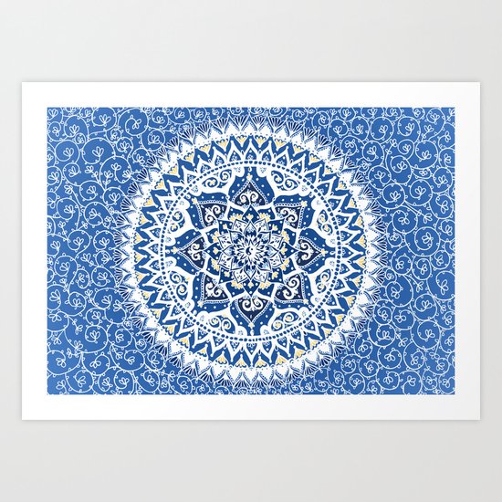 Yin Yang Mandala Pattern (Blue & Yellow) Art Print