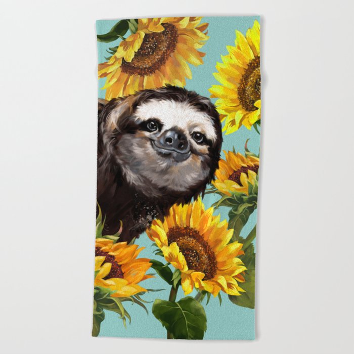 Sloth with Sunflowers Beach Towel