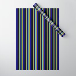 [ Thumbnail: Turquoise, Dark Goldenrod, Dark Blue & Black Colored Stripes Pattern Wrapping Paper ]