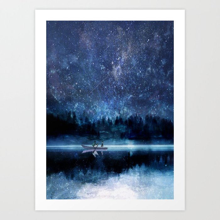 Night Sky Kunstdrucke | Gemälde, Aquarell, Ilustration, Nacht, Boat, Lake, Himmel, Couple, Liebe, Traum