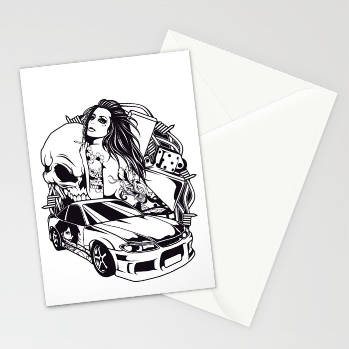 Tattoo Girl With Skull And Car Snake Stationery Cards By