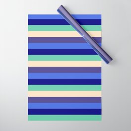 [ Thumbnail: Blue, Aquamarine, Bisque, Dark Slate Blue & Royal Blue Colored Pattern of Stripes Wrapping Paper ]