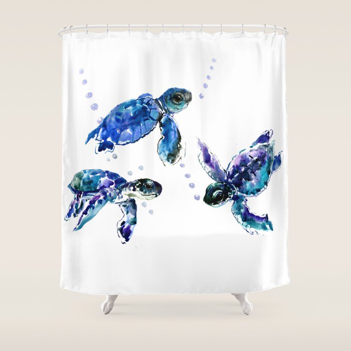 Three Sea Turtles, Marine Blue Aquatic design Shower Curtain by