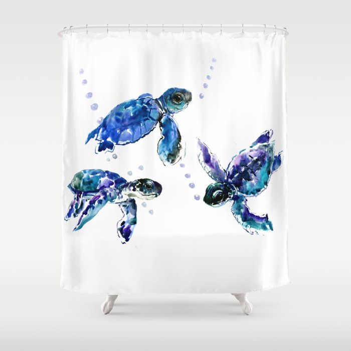 Three Sea Turtles, Marine Blue Aquatic design Shower Curtain