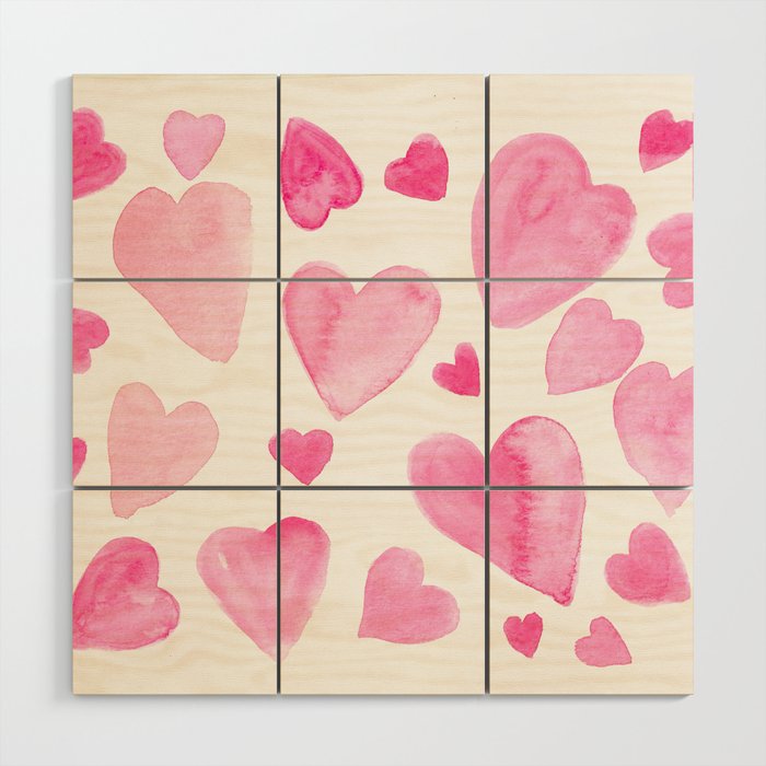 Pink Watercolor Hearts Wood Wall Art
