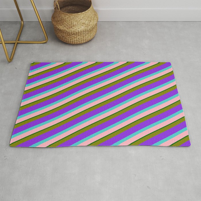 Colorful Green, Purple, Turquoise, Light Pink, and Dark Green Colored Lined/Striped Pattern Rug