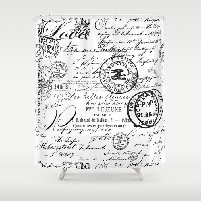 Vintage Handwriting Black And White, Vintage Black And White Shower Curtain