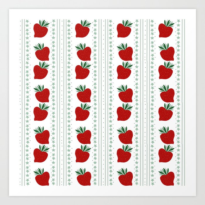 Strawberries on White Stripes Art Print