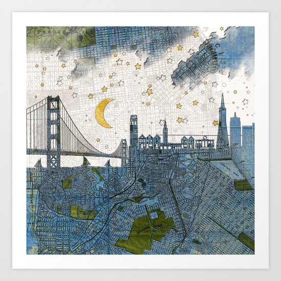 San Francisco skyline old map Art Print