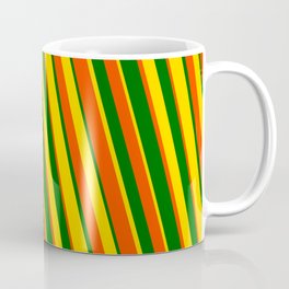 [ Thumbnail: Dark Green, Yellow, and Red Colored Stripes Pattern Coffee Mug ]