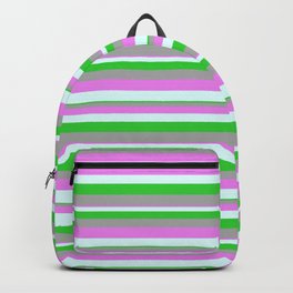 [ Thumbnail: Violet, Light Cyan, Lime Green, and Dark Grey Colored Lines/Stripes Pattern Backpack ]