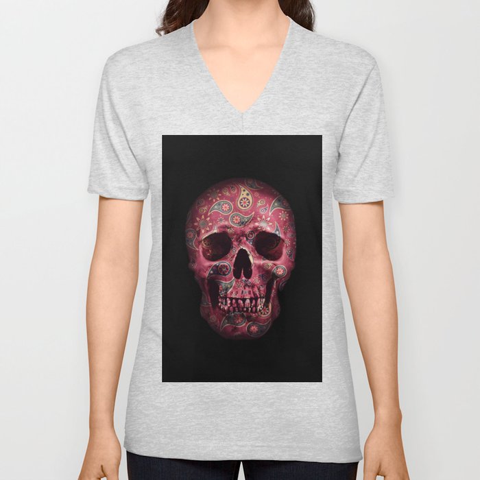 Paisley Skull V Neck T Shirt