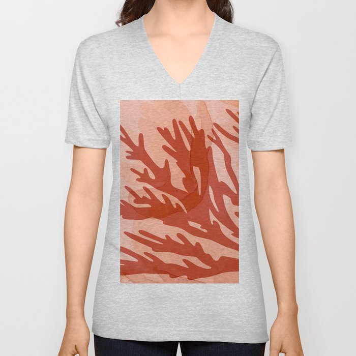 Modern Hand Painted Warm Color Burnt Orange Peach Terracotta Watercolor Reef Coral Floral V Neck T Shirt