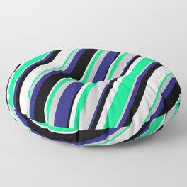 [ Thumbnail: Green, Grey, Midnight Blue, Black & White Colored Stripes Pattern Floor Pillow ]
