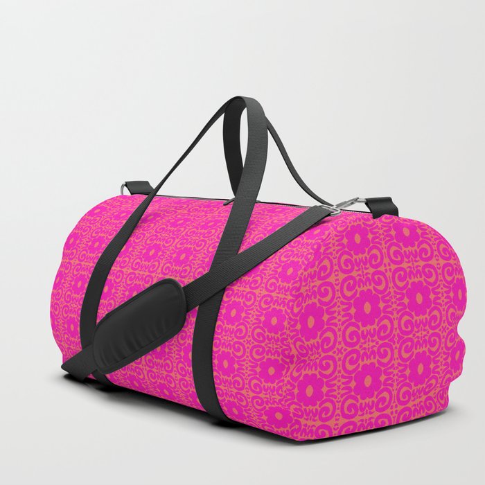 Spring Daisies Retro Lace Hot Pink on Orange Duffle Bag