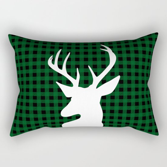 Elegant Green Plaid Deer Design Rectangular Pillow
