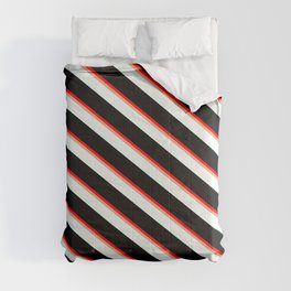 [ Thumbnail: Red, Light Salmon, Mint Cream, and Black Colored Pattern of Stripes Comforter ]