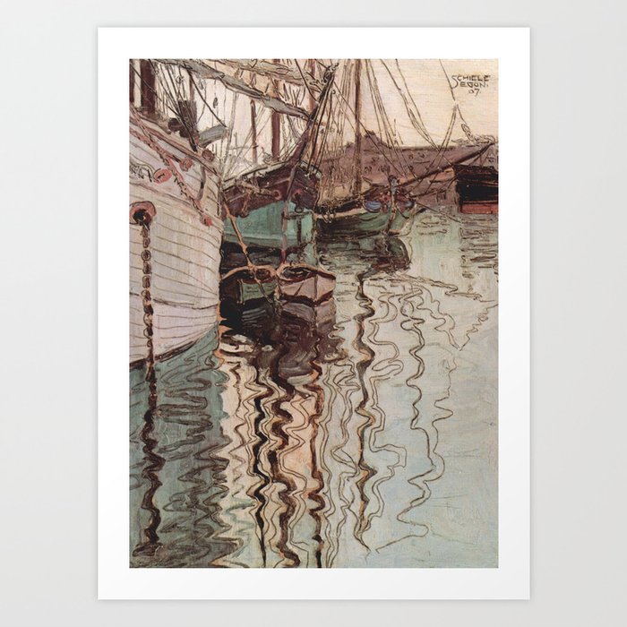 Egon Schiele - Segelschiffe im wellenbewegtem Wasser (Der Hafen von Triest) Art Print