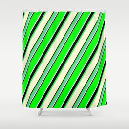[ Thumbnail: Lime, Aquamarine, Light Yellow & Black Colored Lined Pattern Shower Curtain ]