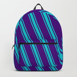 [ Thumbnail: Indigo and Dark Turquoise Colored Striped/Lined Pattern Backpack ]